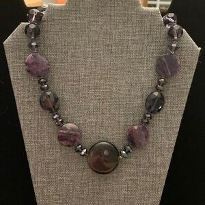 Purple Glass & Natural Stone Beaded Heavy Necklace with a Toggle Clasp 19-1/2”